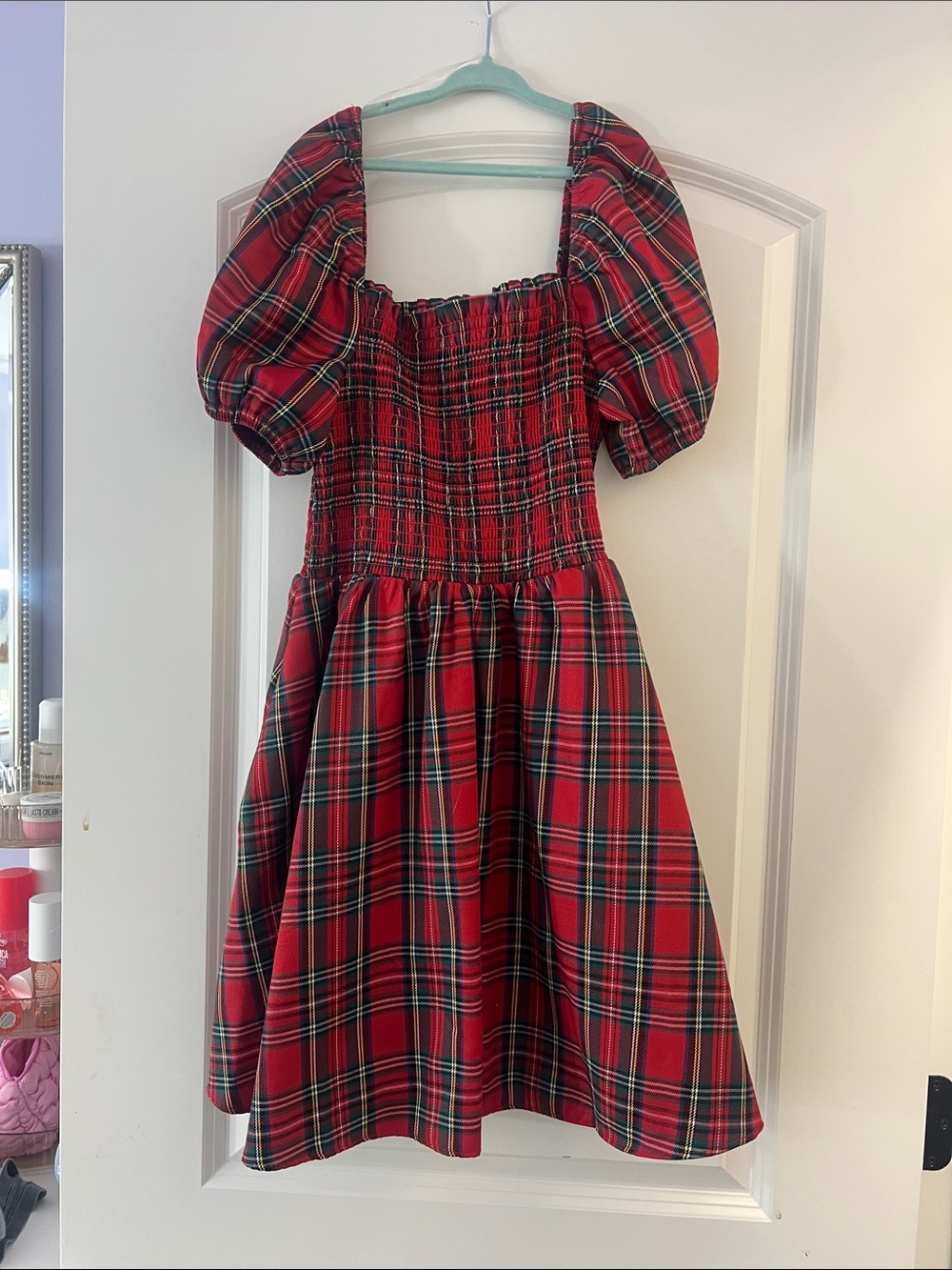 Altered State Red Plaid Puff Sleeve Square Neck Dress
